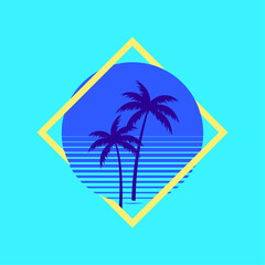 Sunset beach california retro icon. 90s Palm retro california circle gradient silhouette vintage 80s disco print hawai vacation.