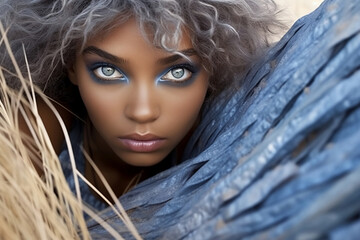Portrait of a stunning clear blue eyes of young middle east woman white sliver hair