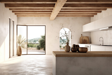 Minimalistic mediterranean kitchen room, generative ai