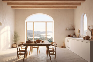 Minimalistic mediterranean kitchen room, generative ai