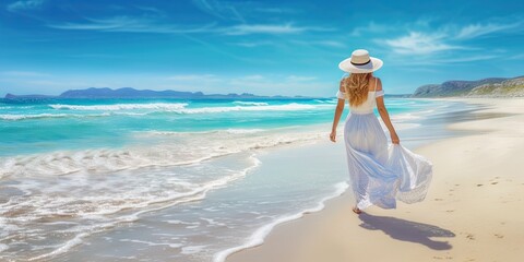 Fototapeta na wymiar Luxury lifestyle. Relaxing beach holiday with beautiful summer travel with young woman in white dress and hat enjoying the sea view