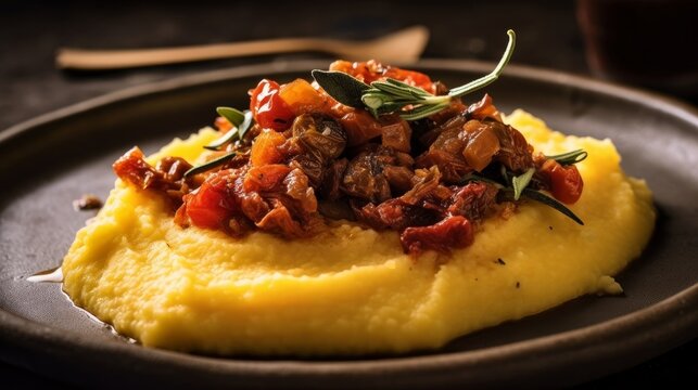 Baccal&agrave; alla Romana served over a bed of polenta