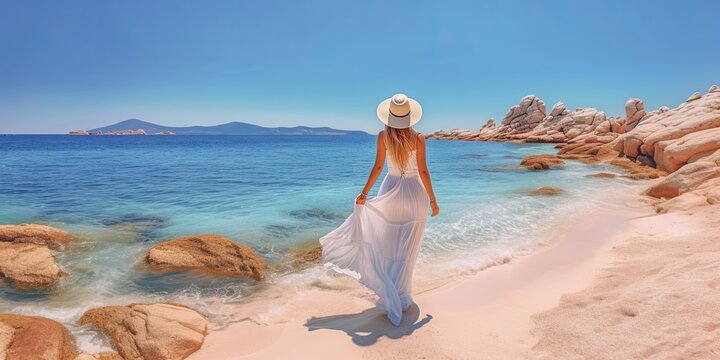 Luxury lifestyle. Relaxing beach holiday with beautiful summer travel with young woman in white dress and hat enjoying the sea view