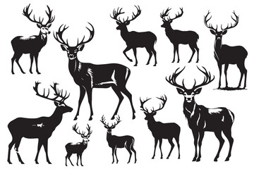 Obraz premium Set of deer black silhouettes vector character illustration