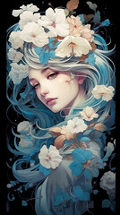 Illustration of aqua blue hair woman in dress surround by flower look from below angle