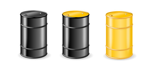 Black barrels for cruel oil or petroleum. Black Metal Oil, Fuel, Gasoline Barrel Set Isolated. Design Template of Packaging for Mockup. Vector