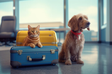 A cat and a dog sit near colorful luggage in the airport waiting room. Creative concept Air transport of pets. 
 Generative AI photo imitation.