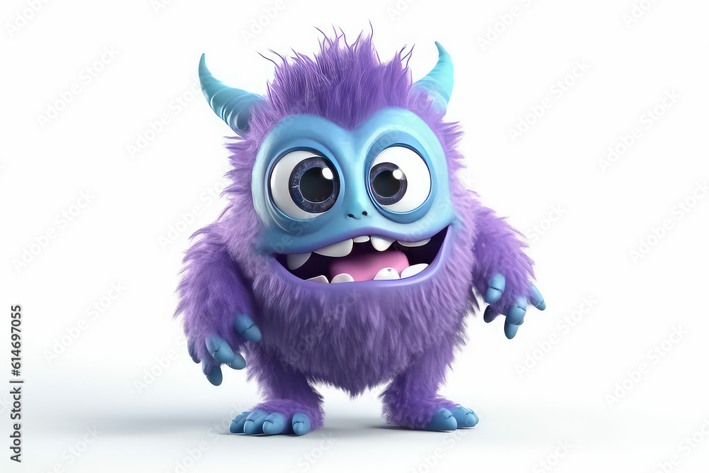 Wall mural purple fluffy cartoon character monster isolated on white background. monster with horns, funny masc - Wall murals