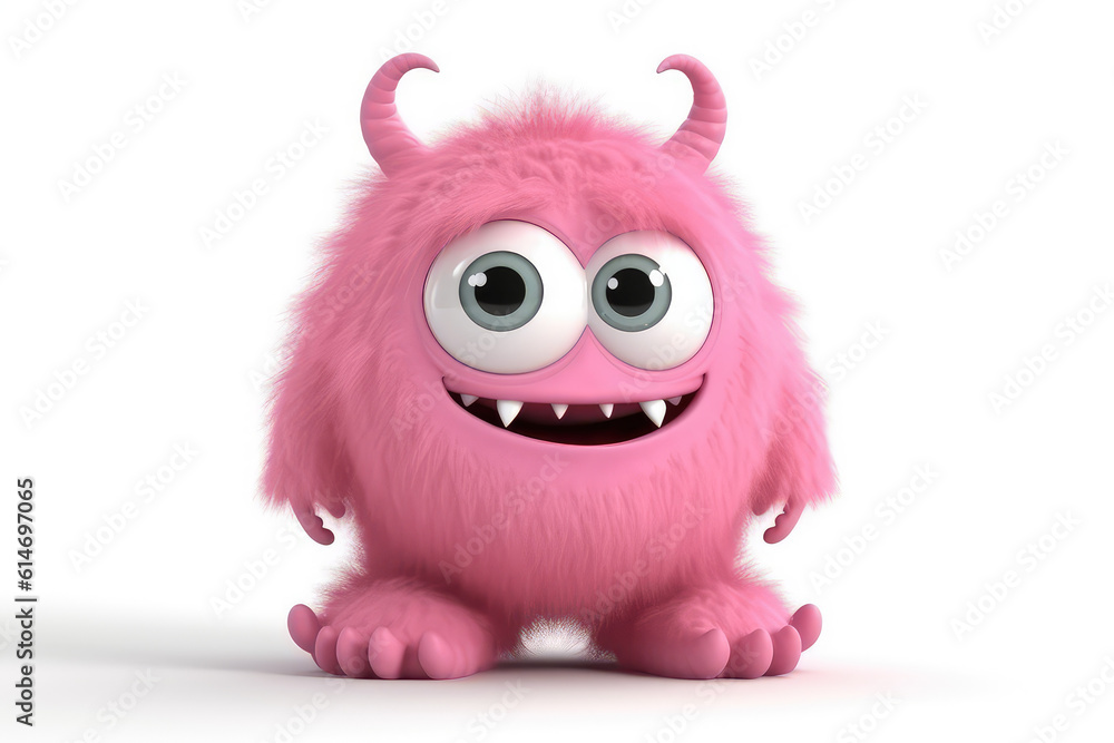 Wall mural cute pink fluffy cartoon character monster isolated on white background. monster with horns, funny m - Wall murals