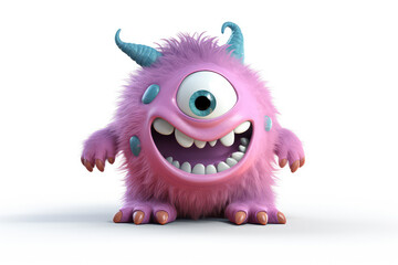 Pink fluffy cartoon character monster isolated on white background. Monster with horns, funny mascot. Generative AI 3d render illustration imitation. - obrazy, fototapety, plakaty