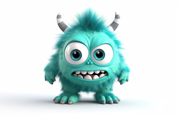 Angry Blue fluffy cartoon character monster isolated on white background. Monster with horns, funny mascot. Generative AI 3d render illustration imitation.