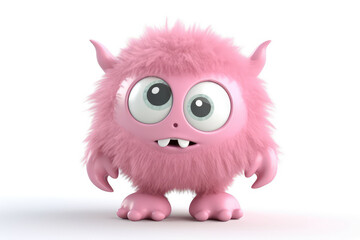 Obraz premium Crazy Pink fluffy cartoon character monster isolated on white background. Monster with horns, funny mascot. Generative AI 3d render illustration imitation.