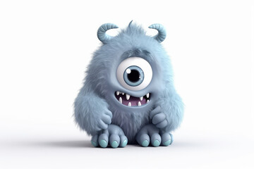 Pretty Blue fluffy cartoon character monster isolated on white background. Monster with horns, funny mascot. Generative AI 3d render illustration imitation. - obrazy, fototapety, plakaty