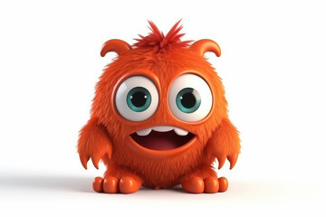 Orange fluffy cartoon character monster isolated on white background. Monster with horns, funny mascot. Generative AI 3d render illustration imitation. - obrazy, fototapety, plakaty