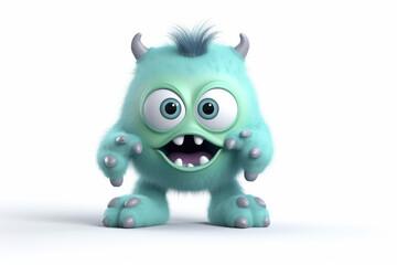 Blue baby fluffy cartoon character monster isolated on white background. Monster with horns, funny mascot. Generative AI 3d render illustration imitation.