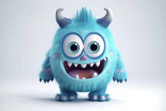 Cute Blue fluffy cartoon character monster isolated on white background. Monster with horns, funny mascot. Generative AI 3d render illustration imitation.
