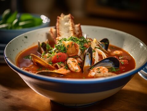 Cioppino with a variety of seafood, herbs, and tomato broth in a white bowl