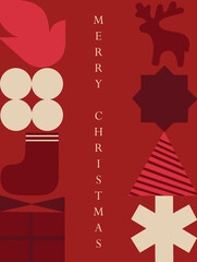 Vertical Merry Christmas text with simple holiday elements in geometric shapes in a red background. snowflake, sock, christmas tree, bird, reindeer, star, love, fun