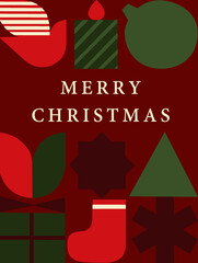 Merry Christmas card with simple holiday elements in geometric shapes in a red background. brid, candle, christmas decoration, tree, sock, gift, jolly, love