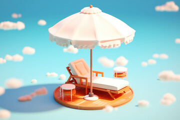 Beach chair and white beach umbrella in cartoon plastic style against a sunny bright blue sky with clouds. Generative AI 3d render illustration.