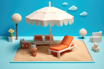 Classic Beach chair and white beach umbrella in cartoon plastic style against a sunny blue sky with clouds. Generative AI 3d render illustration.