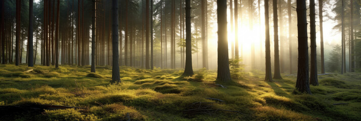 nature banner of forest with sun rays. generative ai