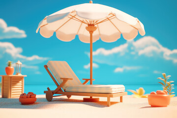 Beach chair and white beach umbrella in cartoon plastic style against a sunny blue sky with white clouds. Generative AI 3d render illustration.