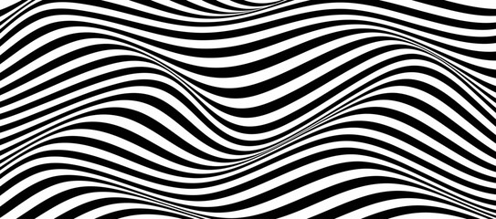Wave of optical illusion. Abstract black and white illustrations. Horizontal lines stripes pattern or background with wavy distortion effect.