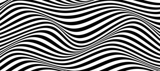 Wave of optical illusion. Abstract black and white illustrations. Horizontal lines stripes pattern or background with wavy distortion effect. © lesikvit