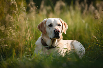 Image of labrador dog resting on green pasture grass on summer. Pet. Animals. Illustration. Generative AI.