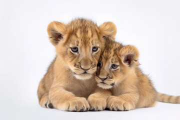 Obraz na płótnie Canvas Image of two baby lions cubs cuddle together on white background. Wildlife Animals. Illustration, Generative AI.