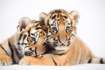 Image of two baby tigers cubs cuddle together. Wildlife Animals. Illustration, Generative AI.