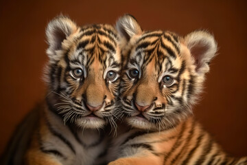 Fototapeta premium Image of two baby tigers cubs cuddle together. Wildlife Animals. Illustration, Generative AI.