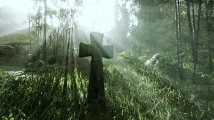 A rough-hewn stone cross amidst the jungle foliage
