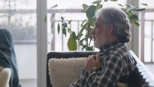 Senior grey man home alone having a heart attack. Wife worry about elderly husband. People age and problems with health