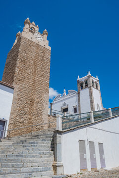 Staircase with clock tower and facade of Saint Mary church, Serpa - Alentejo PORTUGAL