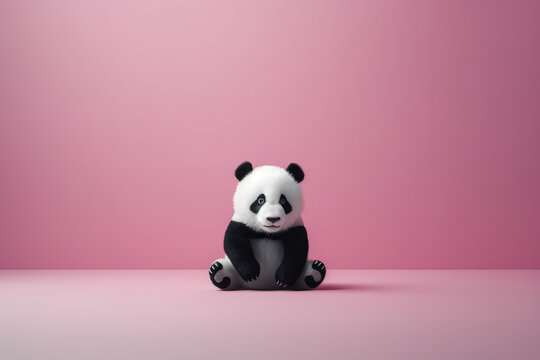 Small toy fluffy panda isolated on pink background with copy space. Japanese minimalist style. Cute panda sitting. Generative AI photo imitation.