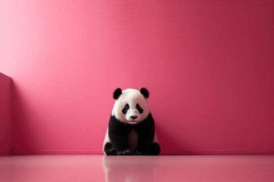 Small toy fluffy panda isolated on red background with copy space. Japanese minimalist style. Cute panda sitting. Generative AI photo imitation.