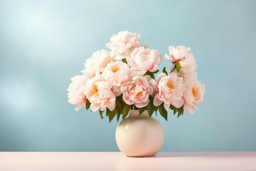 Beautiful blooming white peonies bouquet in a round beige vase against a wall of pastel blue with copy space. Flower banner template. Generative AI photo imitation.