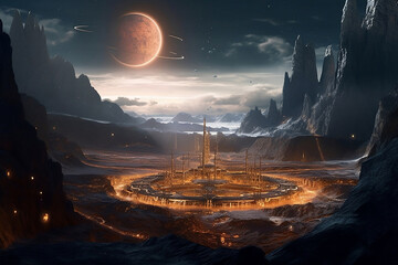 Sci-fi cinematic landscape of an fortress surround by lava on an alien planet    - obrazy, fototapety, plakaty