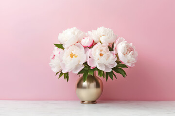 Beautiful blooming white peonies bouquet in a round metallic vase against a wall of pastel pink with copy space. Flower banner template. Generative AI photo imitation.