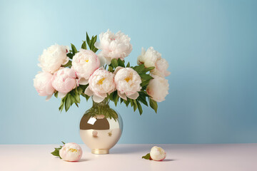 Beautiful blooming white peonies bouquet in a round golden vase against a wall of pastel blue with copy space. Flower banner template. Generative AI photo imitation.