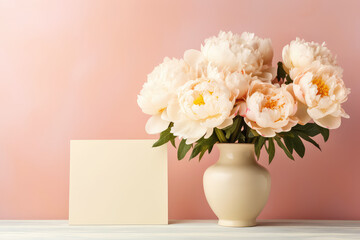 Beautiful blooming white peonies bouquet in a round white vase against a wall of pastel orange with copy space empty paper card. Flower banner template. Generative AI photo imitation.