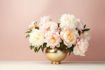 Beautiful blooming white peonies bouquet in a round gold vase against a wall of pastel beige with copy space. Flower banner template. Generative AI photo imitation.