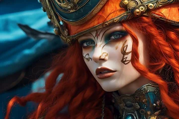 Fototapeten Close up portrait of a red hair sea wench, female private captain, carnival costume  © 1by1step