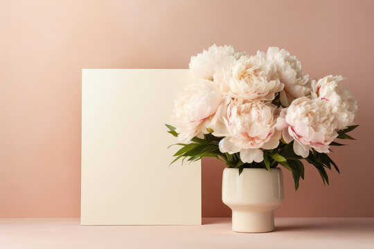Beautiful blooming white peonies bouquet in a round white vase against a wall of pastel beige with copy space empty paper card. Flower banner template. Generative AI photo imitation.