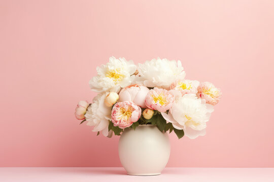 Beautiful blooming white peonies bouquet in a round white vase against a wall of pastel pink with copy space. Flower banner template. Generative AI photo imitation.