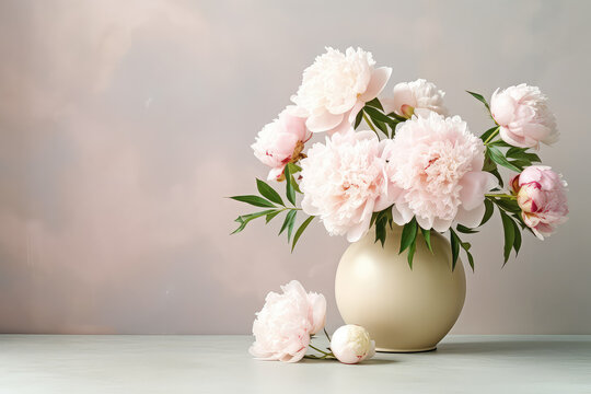 Beautiful blooming white peonies bouquet in a round white vase against a wall of pastel with copy space. Flower banner template. Generative AI photo imitation.