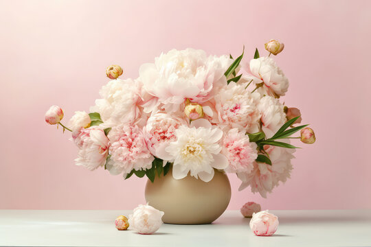Beautiful blooming white peonies bouquet in a round vase against a wall of pastel pink with copy space. Flower banner template. Generative AI photo imitation.