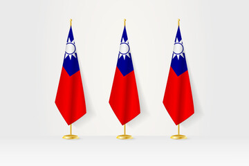 Three Taiwan flags in a row on a golden stand, illustration of press conference and other meetings.